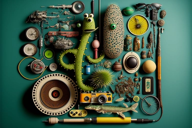 detailed cluttered I-Spy photograph by Walter Wick containing candlestick, kangaroo, guitar, jaguar, yo-yo, pogo stick, baseball, cobra, bicycle wheel, bicycle, stethoscope, microscope, firecracker, iguana, trampoline, ping-pong paddle, cactus, dragonfly, ferris wheel, python, octopus, snail, horseshoe, boomerang, flamingo, snowflake, ladybug, pencil, credit card, camera, glass, stapler, remote control, key, book, envelope, toothbrush, ladder, compass, calculator, scissors, alarm clock, paper cl