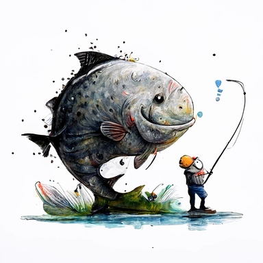 funny big sish going to fishing big fish, CLIPART, watercolor, ink, ultra-detailed, cartoon style, white background, black outside lines –testp,