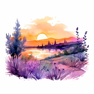 Craft a captivating clipart of a lavender-colored sunset over a serene landscape. watercolor on white background