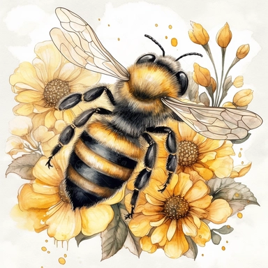 A charming watercolor honey bee clipart capturing the beauty of spring garden bees, delicate honey bee painted in warm tones of yellow and black, fuzzy body and translucent wings are depicted with intricate details, hovers near a cluster of blooming spring flowers, such as daisies, tulips, and lavender, which are painted in vibrant and harmonious colors, soft and dreamy atmosphere, each illustration focuses on the exquisite details of the honey bee, showcasing its unique beauty and importance in