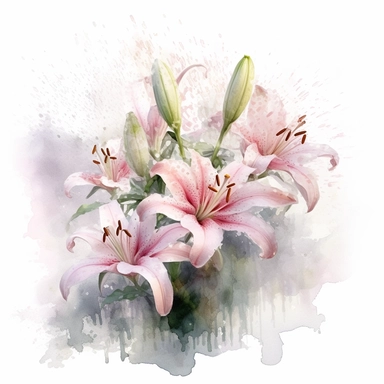 wet energetic soft pink lilies, without background, watercolor clipart in Monet style