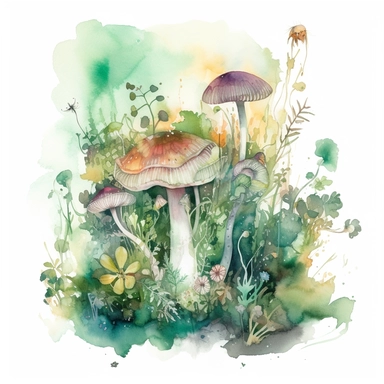 In this watercolor illustration, a mystical mushroom takes center stage, painted with vibrant hues and surrounded by delicate flowers and lush plants. The clipart design captures a magical scene, where fairies flit about in the air, their ethereal forms highlighted against a watercolor backdrop. The white background provides a stark contrast to the dominant spring green color scheme, enhancing the enchanting atmosphere of the artwork. The intricate details of the flora and the playful presence o