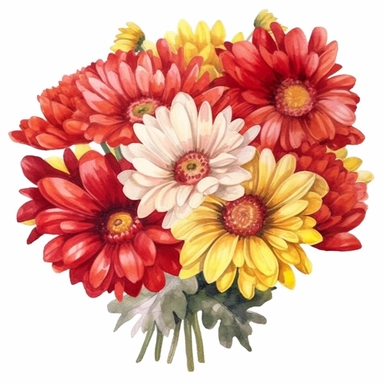 watercolor Chrysanthemum bouquet clipart, red flower, yellow center, white background,clear background, realistic watercolor painting, dreamy and romantic