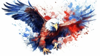 Watercolor American eagle, American Flag, Stars and Stripes, double exposure, integrated, red white and blue, unreal engine, splashed, clipart, white background
