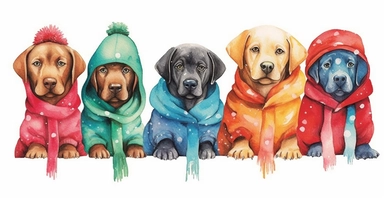 Cute labrador puppies in a line, dressed in cute christmas outfits, playful, vivid colors, white background, ornamental watercolor clipart, I can't believe how beautiful this is