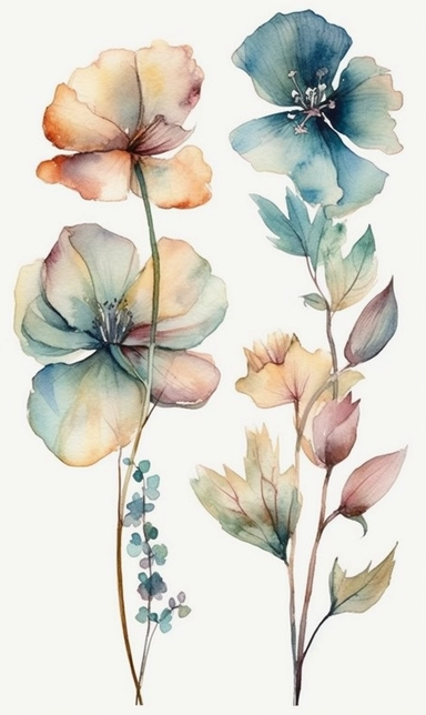 stunning clipart watercolor artworks of 2 or 3 flowers or plants, few details, minimalistic style, very lose details, very light colors, light airy hues and pastel tones, spaced out, white background, washed out colors and paint, plants that exist in nature, do not combine parts of different species, only one flower or plant species in different variations on the working space, recognizable species and existing in real life, hd, spray, splash, splatters and paint smudges on top of each flower an
