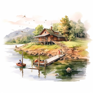 A rural landscape with a winding river, a wooden fishing dock, and a group of friends enjoying a day of fishing, american style, clipart, watercolor