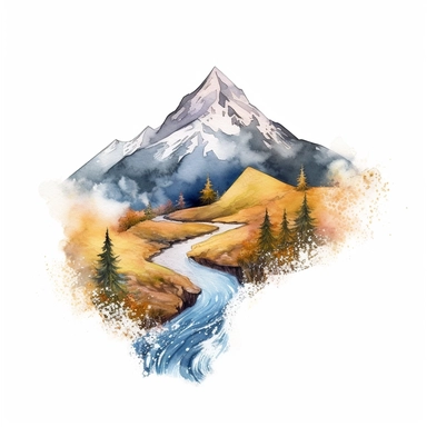 A clipart of a mountain peak with a winding river flowing down, crafted in watercolor style, all on a white background.