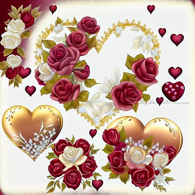 beautiful, extremely detailed, realistic, light burgundy and white roses, good lighting, clear and sharp, on elegant, sparkling gold satin puffy hearts, detailed, gold glitter, edwardian style hearts Watercolor Valentine's day wreaths and clipart, Hand painted hearts,