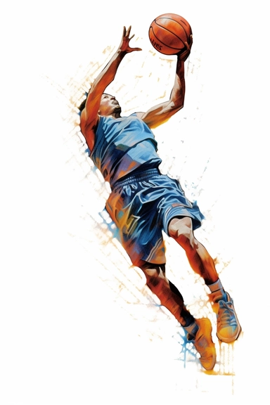 Bank Shot: The bank shot involves bouncing the ball off the backboard before it goes into the hoop. Create clipart images depicting players positioned at an angle, releasing the ball towards the backboard., playing basketball is drawn in watercolor paint,against white background, in the style of hyperrealistic pencil drawings, jocelyn hobbie, highly realistic, eye-catching, hyper-realistic pop, valentin serov