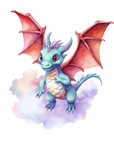 watercolor baby dragon flying clipart multicolor high detail