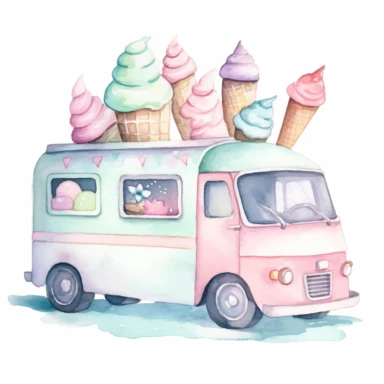 Watercolor Ice Cream truck Clipart, pastel pink pastel green pastel blue colors, dreamy style