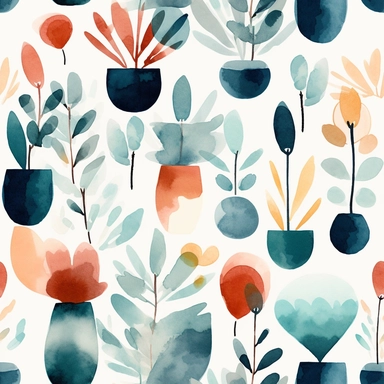 seamless pattern, colorful abstract pot plant, modern art, light blue colors, watercolor clipart, white background, minimalist, abstract, simplistic
