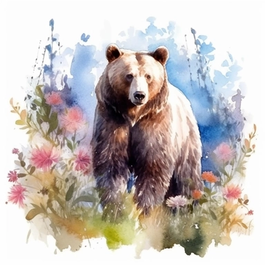 detailed watercolor clipart, photography style, beautiful bear, in a meadow, HDR, spring floral,self shadow, white background