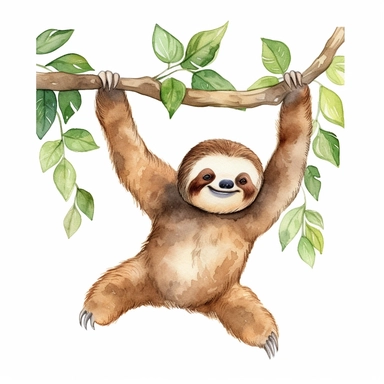 watercolor clipart, white background, charming cute and adorable perfect sloth hanging from a tree branch, perfect for a whimsical and relaxing sticker, perfect for whimsical print on demand
