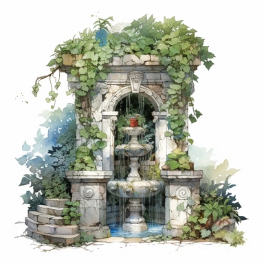 watercolor, hyper realistic, white background, white margins, 16k, ultra detailed clipart, cut out image, hand-drawn, whimsical manhwa style, ultra HD, sharp and clean art a garden nook hidden by overgrown vines, with a stone fountain and antique urns.