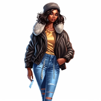 Hyperrealistic beautiful full figure black beauty lady, winter clothes fall attire, cute and colorful, clipart, hd, white background
