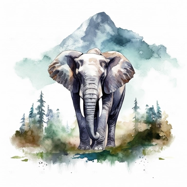 watercolor style, elephant with the mountain forest in the back clipart, isolated on white background, hd