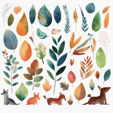 simplified single leaves clipart, simple shapes, no lines, no outlines, clipart most popular on etsy, featured on dribble, cartoon animals clipart, minimalist, computer vector graphic design clip art, watercolor illustration clipart, watercolour clipart, watercolor illustration for kids and children, book illustration, print on demand image, PNG transparent background