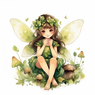 cute adorable forest fairy, green forest fairy, fairy with wings, fairy loves four leaf clovers, fairy is happy smiling, fairy is sitting in a flower garden,watercolour illustration, soft light, fairy forest, clipart