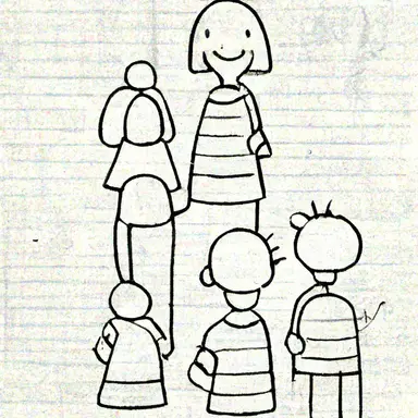 Clipart,Jeff Kinney’s “Diary of a Wimpy Kid” style , 3 children standing in a single file line at school facing their teacher. The teacher is holding her hand up to her lips signaling the children to be quiet