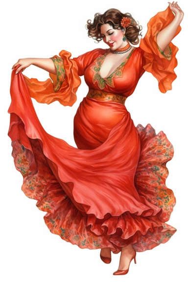 colour pencil clipart, fullbody beautiful plus-size woman dances flamenco, hd, on white background, space out,
