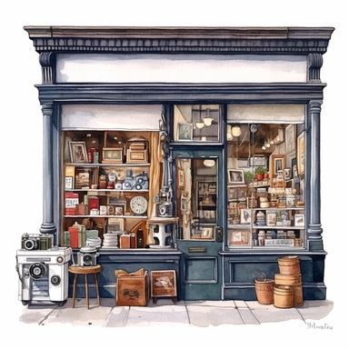 watercolor, hyper realistic, white background, white margins, 16k, ultra detailed clipart, cut out image, hand-drawn vintage camera shop with a brick storefront and a window display of antique cameras and equipment.