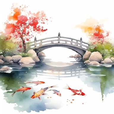 A tranquil watercolor clip art scene portraying a serene Chinese garden with a stone bridge, koi fish, and blooming cherry blossoms. - watercolor clip art, white background