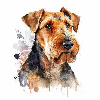 Generate an image of a Airedale Terrier dog Clipart in watercolor style on a white background