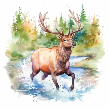 a delightful watercolor clipart image with a white background and vibrant colors, portraying a cute elk playfully leaping over a flowing stream, with a gleeful expression on its face. The ultra-detailed, hand-drawn elements capture the joy and energy of the elk. Use shades of brown, green, and blue to create a visually appealing and lively image that conveys the spirit and liveliness of the elk in its natural environment.