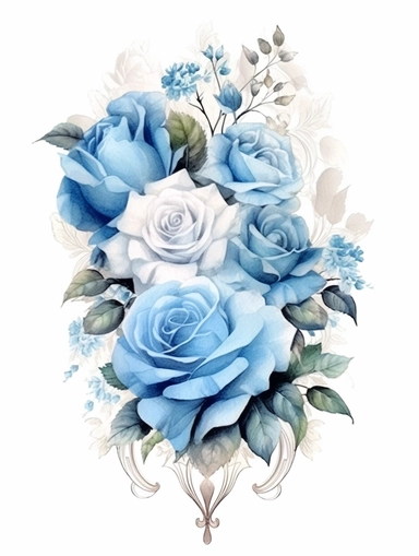 vintage beautiful victorian shabby chic blue roses frame on white background, blue theme, watercolor illustration, clipart