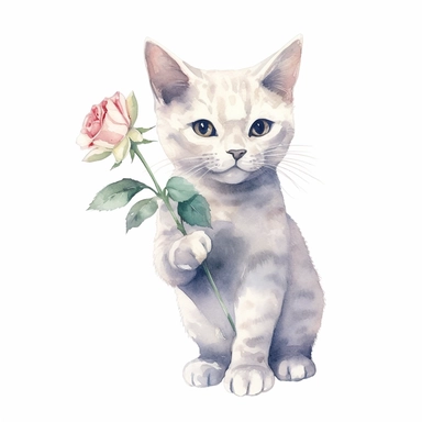 Burmilla Cat holding flower, watercolor, sharp illustration clipart, insane detail, white background