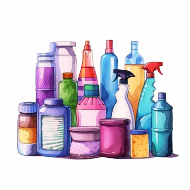 individual housekeeping cleaning items, clipart, cartoon, hyperealistic, kawaii, watercolor, clean white background
