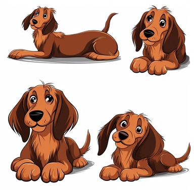 cartoon character of a dog with long ears clipart, front view, left side, right side, lying down