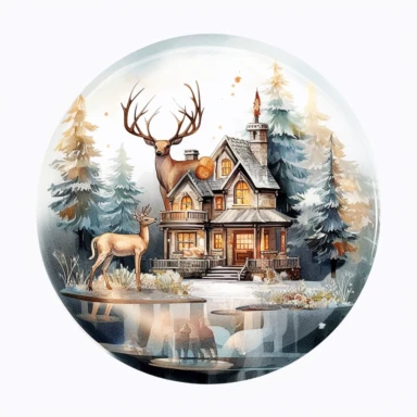 one transparent clipart stock of glassy house on a white background, with deer and snowman, in the style of botanical watercolors, spherical sculptures, frostpunk, miniature dioramas, luminous 3d objects, dark white and bronze, nature-inspired pieces , no watermark, text, 300 DPI , typography, shapes do not stick together, no text in the picture, on a white background