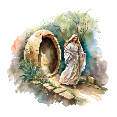 watercolor high resolution clipart on white background with Mary Magdalene went to Jesus' tomb to anoint his body with spices, but found the stone rolled away and the tomb empty. An angel told her that Jesus had risen from the dead, and she later saw Jesus himself in the garden