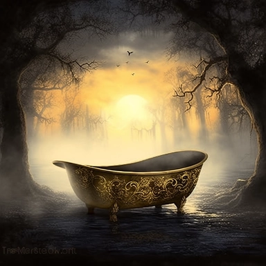 realistic clipart gold bathtub in foggy enchanted graveyard, digital painting -