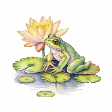 cute watercolor frogs sitting on lilly pads clipart white background