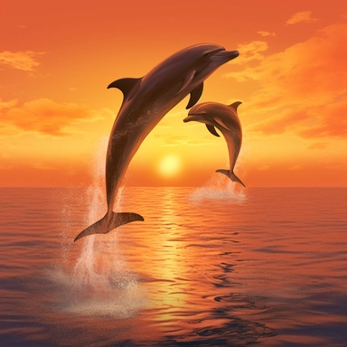 Clipart,A pair of dolphins jumping over a sunset, hyperrealistic, hyper high definition