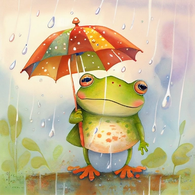 cute whimsical smiling frog holding an umbrella in the rain, artistic and delicate children's book illustration, hand drawn doodle, clipart, pastel painting with vibrant warm colors, by Amanda Clark and eric carle, white background