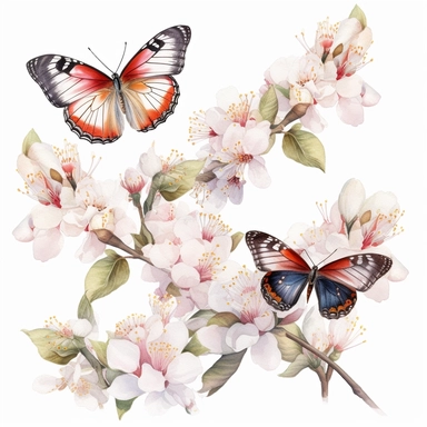 clip art,Watercolor art of a cherry blossom branches, and butterflies, with soft pastel hues, illustration in the style of Ayami Kojima and J.C. Leyendecker, pixiv, high quality, highly detailed,on white background iw 0.75