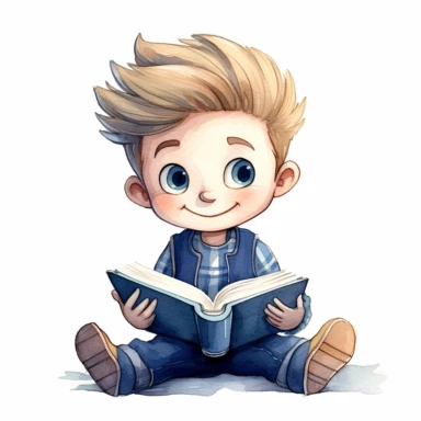 a happy little cute boy in a five-year-old, white short, blue jacket, book, style by Lusy Fleming, folk art, watercolor, clipart elements, smooth gradients, black contour outline, ultra detailed, white background, super clear, high quality