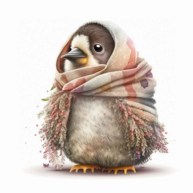 Cute christmas fluffy baby penguin with scarf in snow , white background, Clipart, children illustration