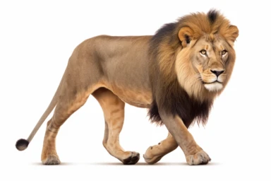 lion male walking on white background stock photo king lion and jackal clipart, in the style of focus stacking, exaggerated facial features, repetitive, masculine, photo