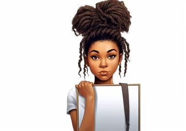 Cartoon Clipart of beautiful African American girl with braided hair, girl holding a blank board on white background, Norman Rockwell style is 20 years old holding white sheet poster, in the style of street style realism, uhd image, illustrated advertisements, eye-catching composition, photorealistic detail, light silver and brown, matte photo