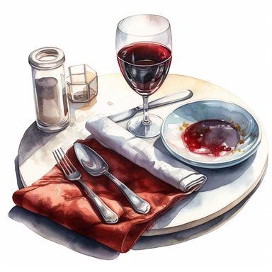 watercolor, hyper realistic, white background, white margins, 16k, ultra detailed clipart, cut out image, hand-drawn illustration style for picture books a bistro table setting with warm red accents, featuring a cloth napkin, a wine glass, and silverware.
