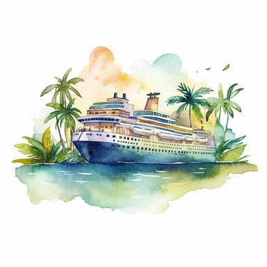 A watercolor clip-art featuring a cruise ship with tropical islands in the background, watercolor style, white background, scrapbooking, intricate details, visible brush strokes and realistic painting, on the theme of travel and trending on Etsy