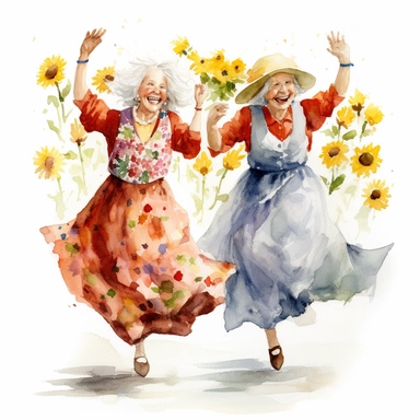 Watercolor Funny old ladies clipart . Women dancing,DAISY white background