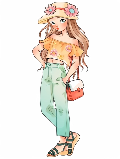cute summer girl full body drawing, illustration clipart, detailed, black outline, digital art, watercolor,,