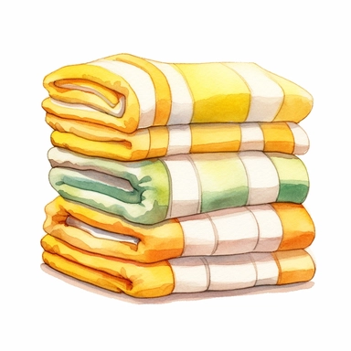 watercolour beach towels neatly stacked on top of each others, in the style of yellow and white stripes, clipart